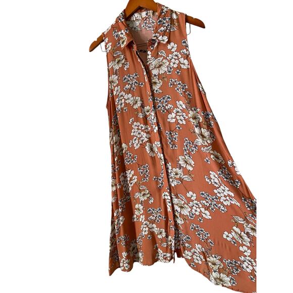 Women's Peach Floral Sleeveless Button Up Tunic Top Long Line Blouse Bohemian - Picture 3 of 10